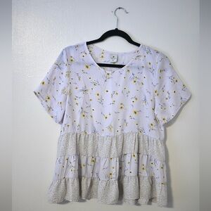 Paper Crane Babydoll Tiered Pastel Floral Print Blouse Size Large - Cottagecore